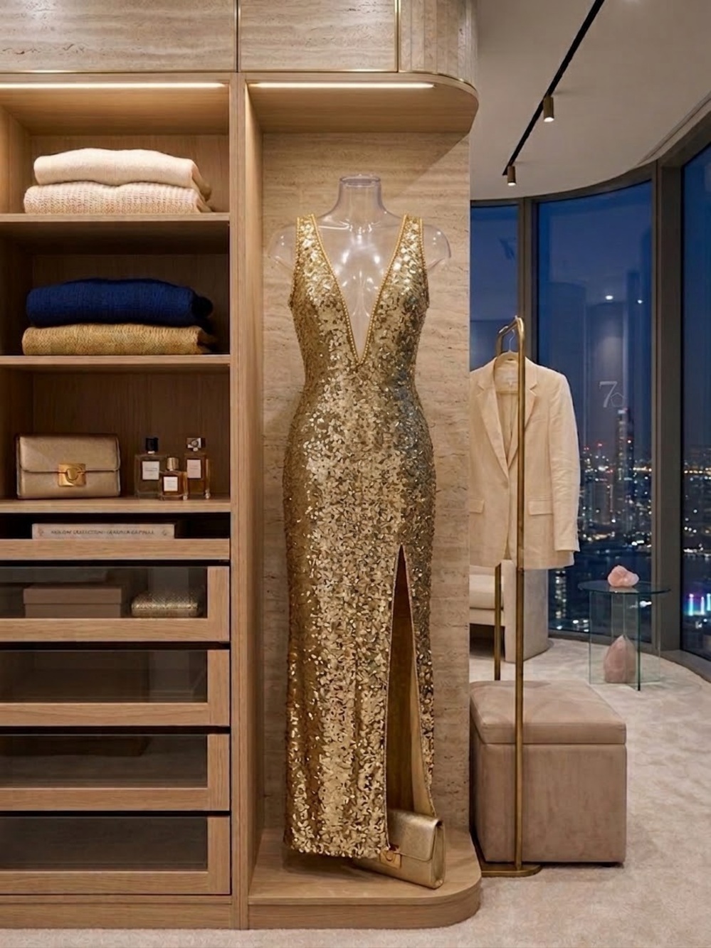 Elegant Gold Sequin V-Neck Evening Dress